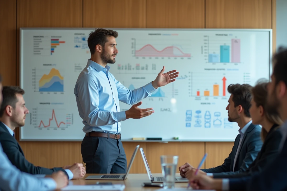 Jeune homme expliquant des graphiques sur un tableau blanc