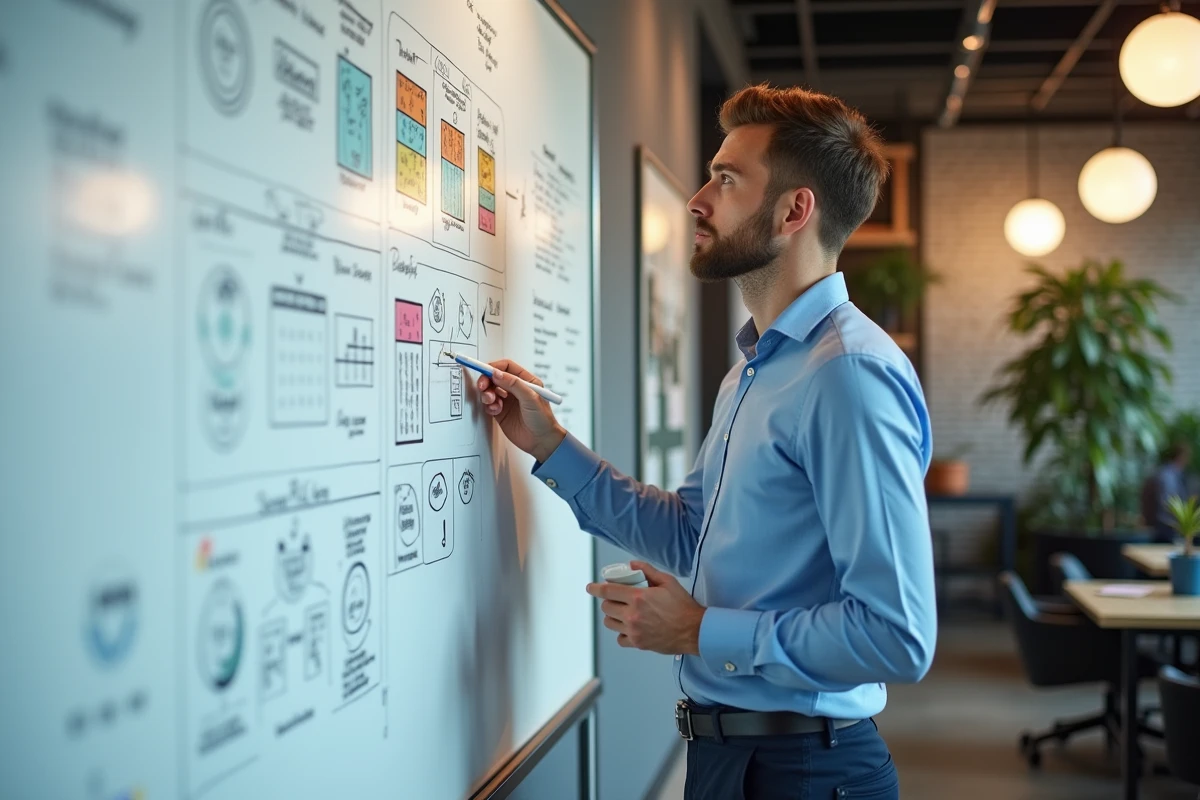 Homme en coworking devant un whiteboard avec diagrammes