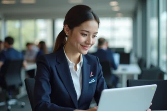 Hôtesse de l'air Air France consultant l'intranet de la compagnie sur un ordinateur portable dans un bureau d'entreprise