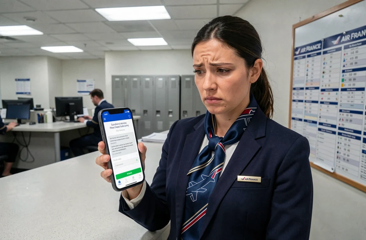 Hôtesse de l'air Air France consultant son smartphone face à un problème de connexion sur l'application intraligne