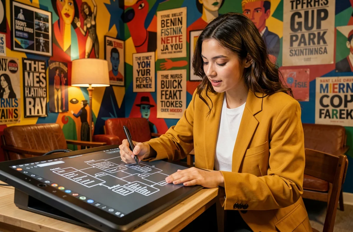 Directrice créative de l'agence Hurrikan esquissant des maquettes de sites web dans un studio artistique et coloré