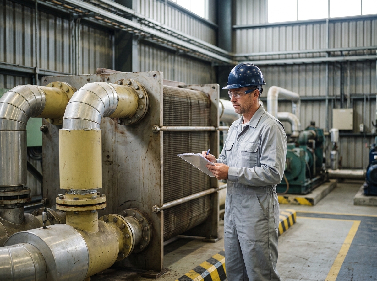Ingénieur industriel inspectant un échangeur thermique dans une usine, illustrant les échanges thermiques industriels