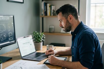 Ingénieur freelance consultant des missions en ligne sur son ordinateur portable dans un bureau à domicile moderne