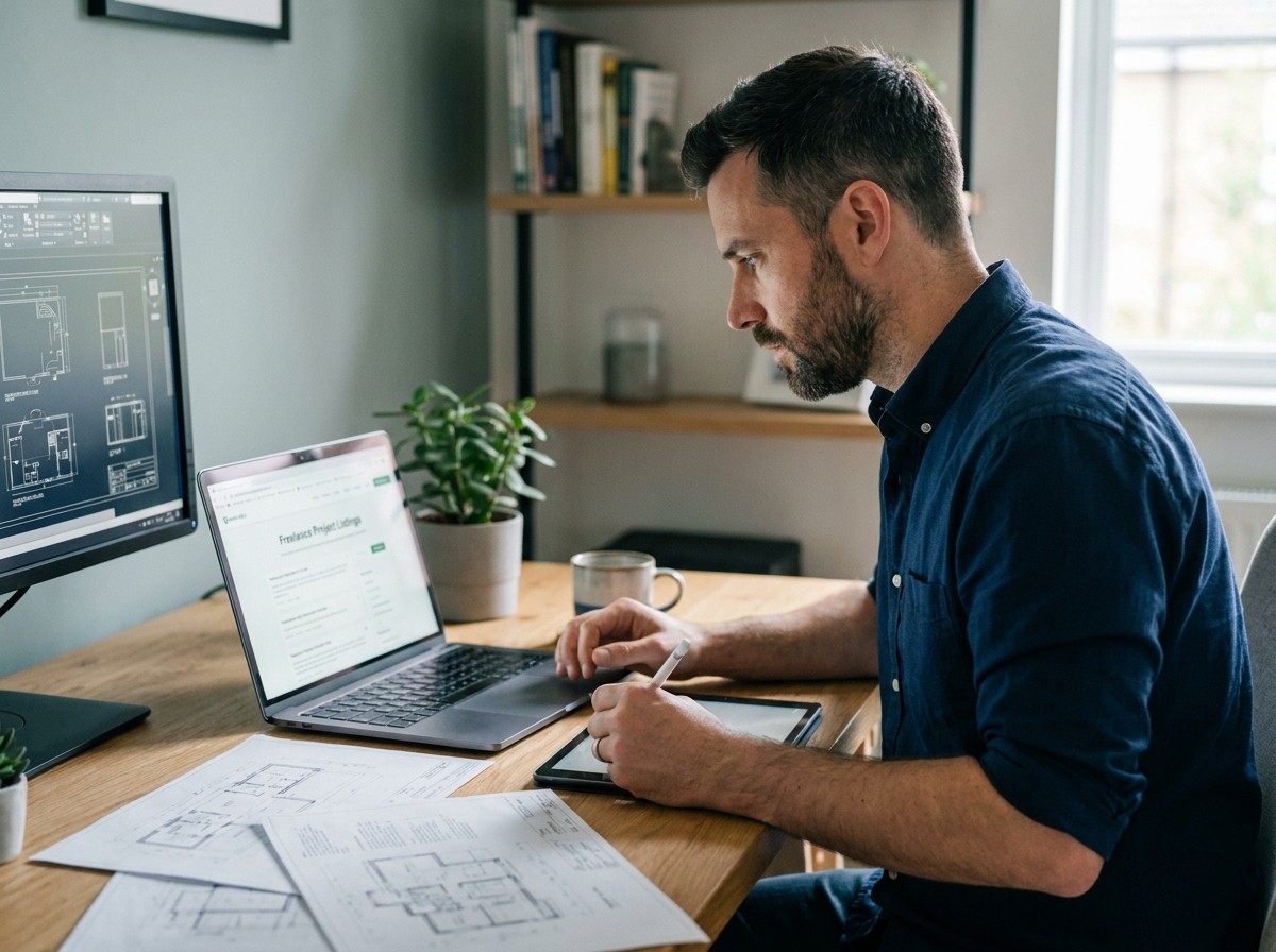 Ingénieur freelance consultant des missions en ligne sur son ordinateur portable dans un bureau à domicile moderne