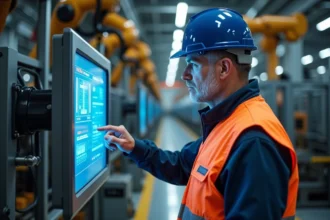 Ingénieur industriel interagissant avec un panneau numérique tactile sur une ligne d'assemblage robotisée dans une usine automobile, illustrant la digitalisation industrielle