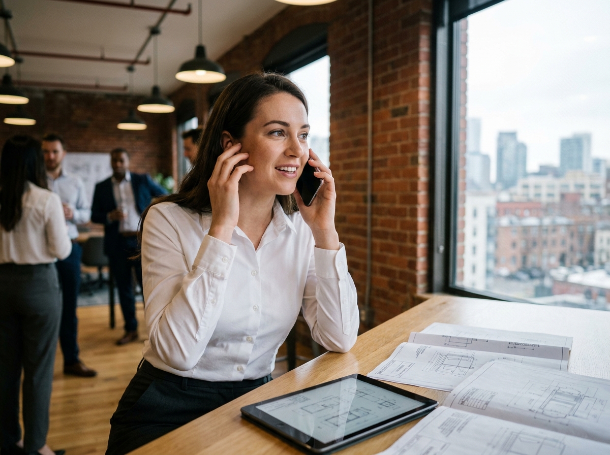 Ingénieure freelance en communication avec un client dans un espace de coworking professionnel