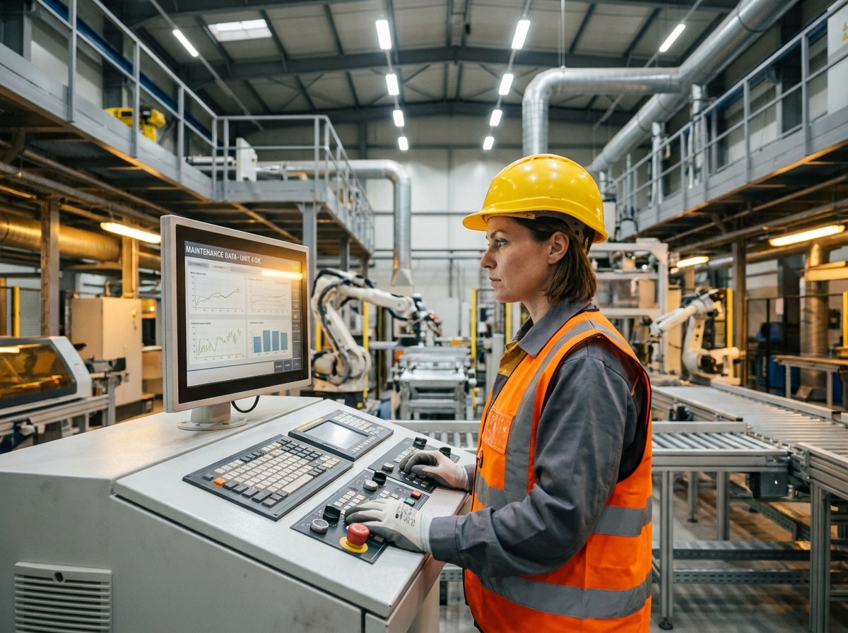 Ingénieure consultant un tableau de contrôle numérique pour la maintenance préventive en usine