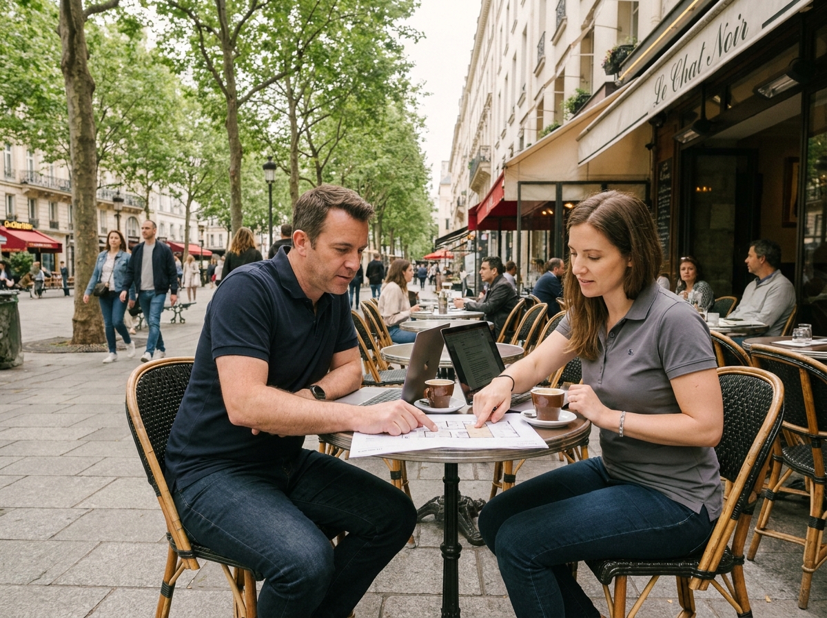 Deux ingénieurs freelances en réunion de travail à une terrasse de café parisien avec documents et ordinateurs