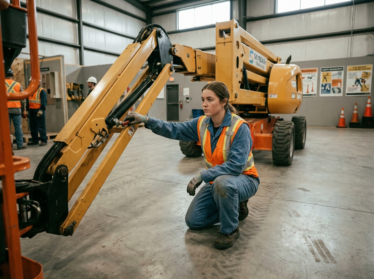Jeune femme inspectant le bras hydraulique d