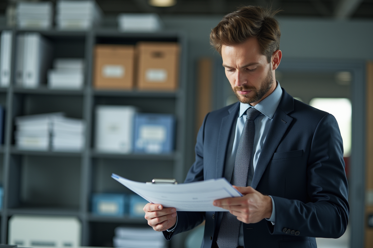 Auditeur inspectant un document ISO 19011 dans un espace organisé