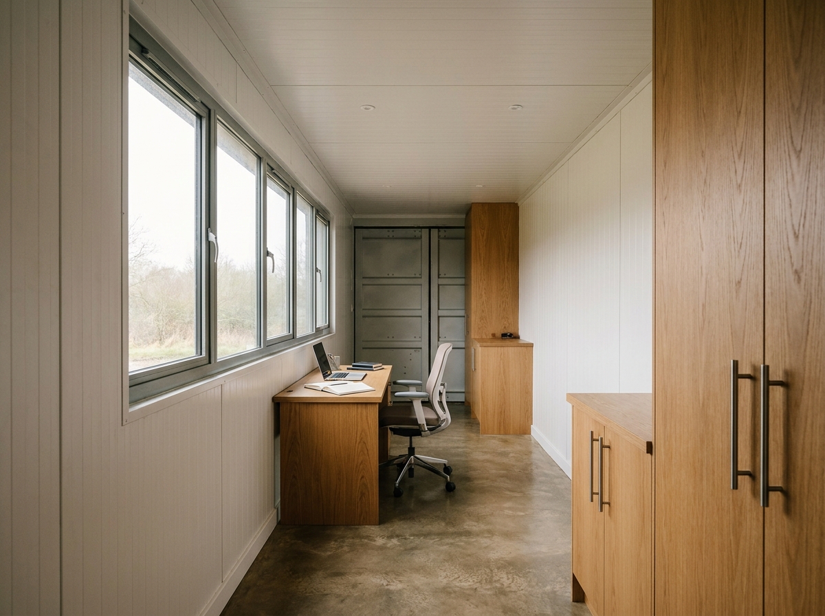 Intérieur d'un container maritime aménagé en bureau moderne avec mobilier encastré, sol en béton ciré et fenêtres double vitrage