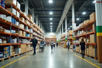Allée principale d'un grand magasin de bricolage Leroy Merlin avec rayonnages industriels et clients en train de faire leurs achats