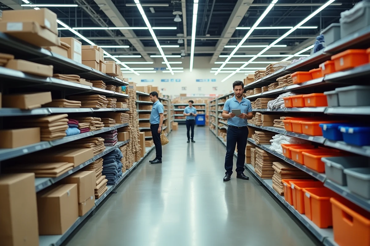 Intérieur d'un magasin de grande distribution en cours de liquidation avec des rayons partiellement vides et des employés réorganisant les stocks