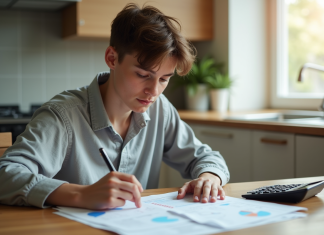 Calcul du chômage après un salaire net de 1500 euros : comment cela fonctionne ? Jeune adulte examine documents financiers à la maison