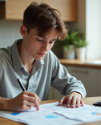Jeune adulte examine documents financiers à la maison