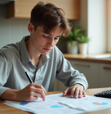 Jeune adulte examine documents financiers à la maison