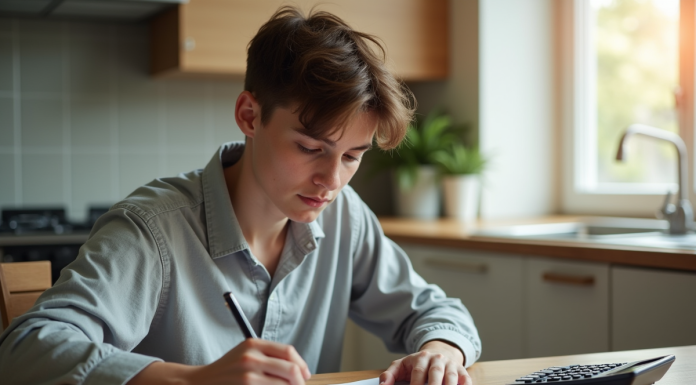 Jeune adulte examine documents financiers à la maison