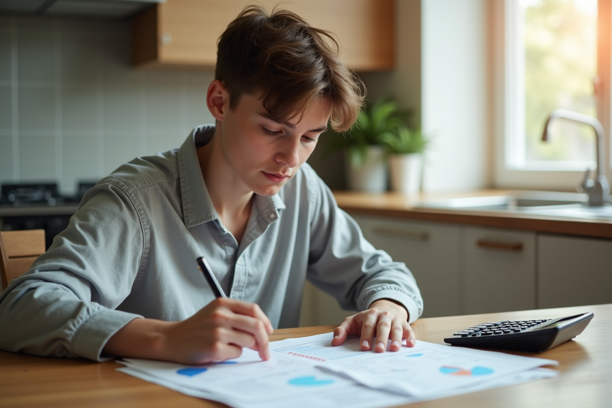 Jeune adulte examine documents financiers à la maison