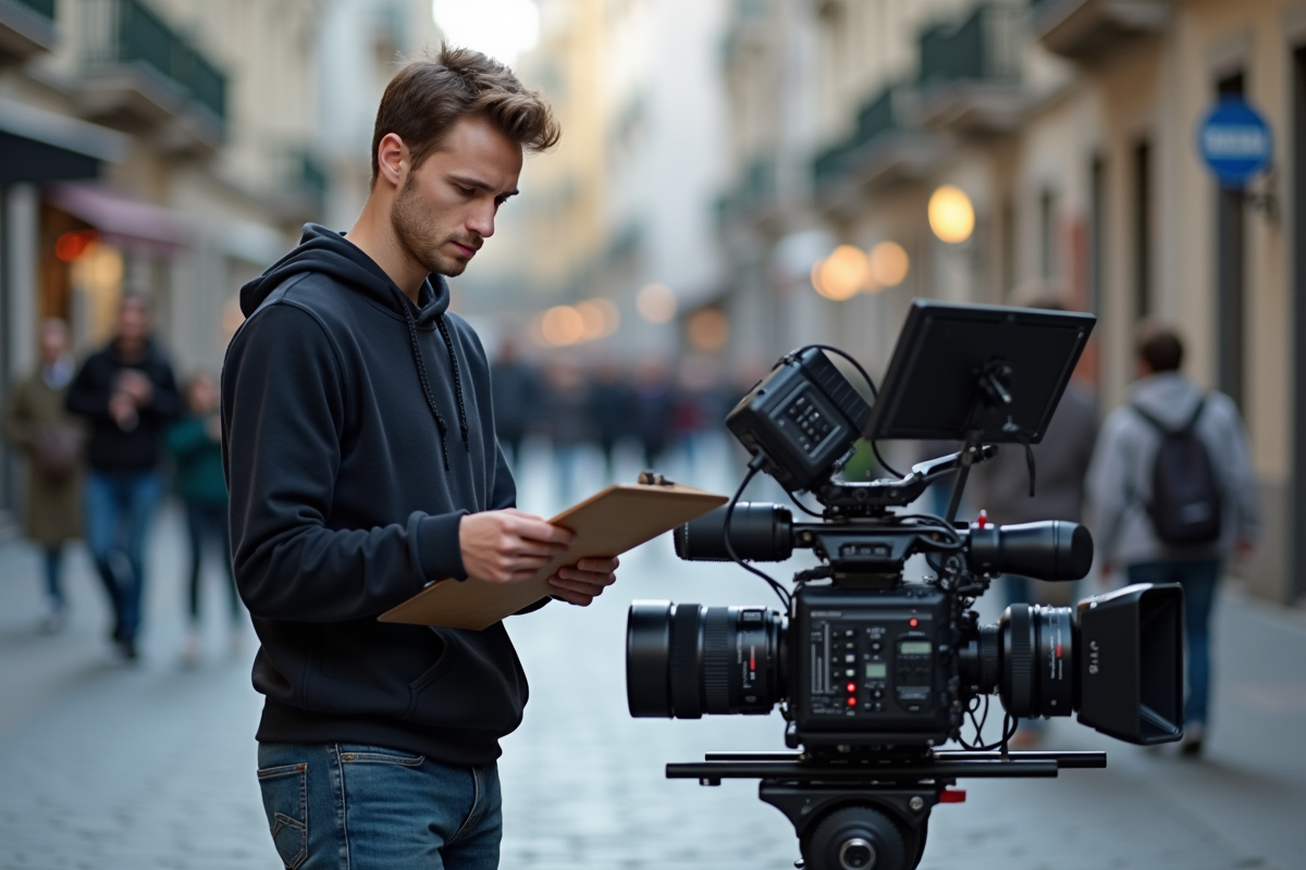 Jeune assistant de production vérifiant un script en extérieur