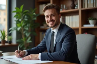 Jeune avocat souriant dans son bureau moderne