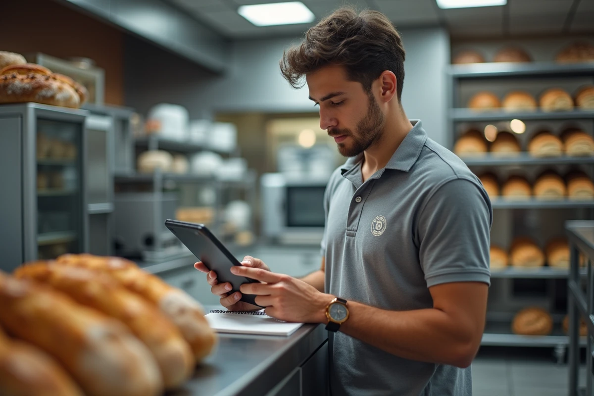 Jeune boulanger regardant une tablette dans l
