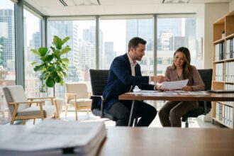 Jeune dirigeant d'entreprise consultant un expert-comptable dans un bureau moderne avec documents financiers
