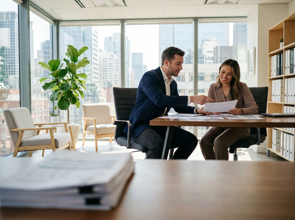 Jeune dirigeant d'entreprise consultant un expert-comptable dans un bureau moderne avec documents financiers