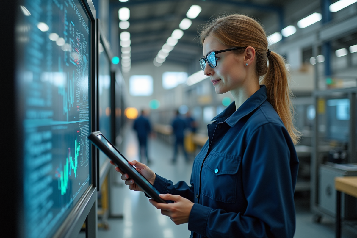 Jeune femme ingénieure contrôlant des données sur un panneau tactile