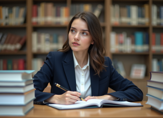 Mémoire en comptabilité : est-elle essentielle pour réussir ? Jeune femme en bibliothèque universitaire studieuse