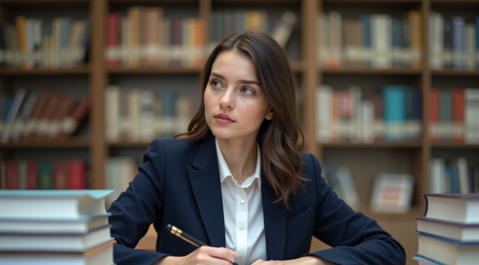 Jeune femme en bibliothèque universitaire studieuse