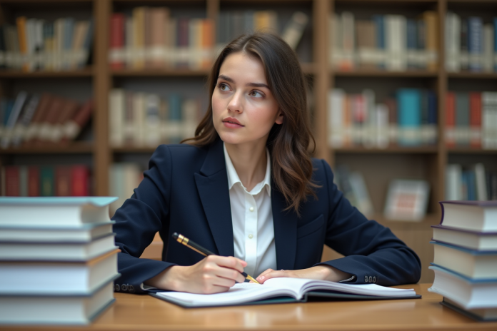 jeune-femme-bibliotheque Jeune femme en bibliothèque universitaire studieuse