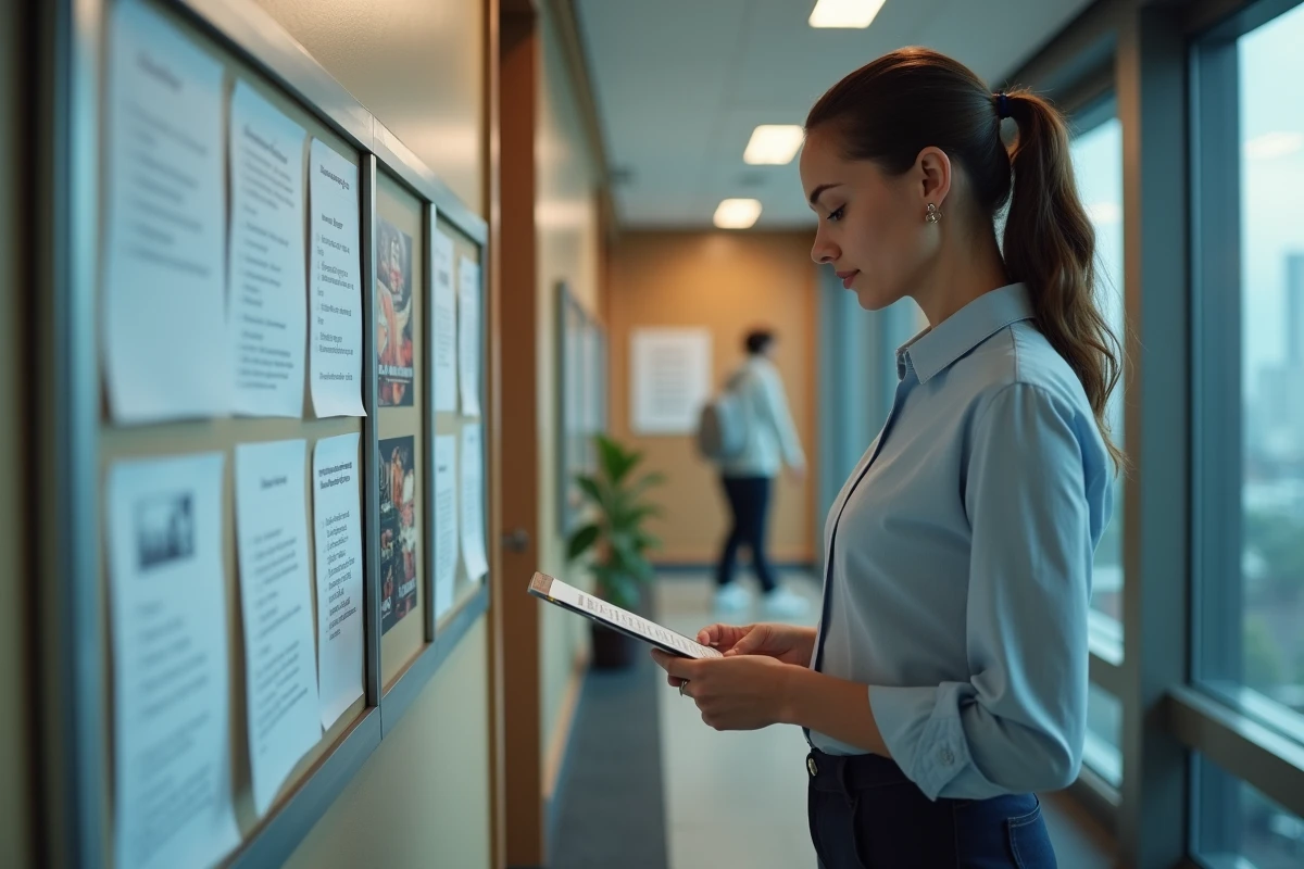 Jeune femme au bureau vérifiant son emploi du temps