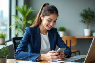 Jeune femme d'affaires souriante utilisant son smartphone au bureau