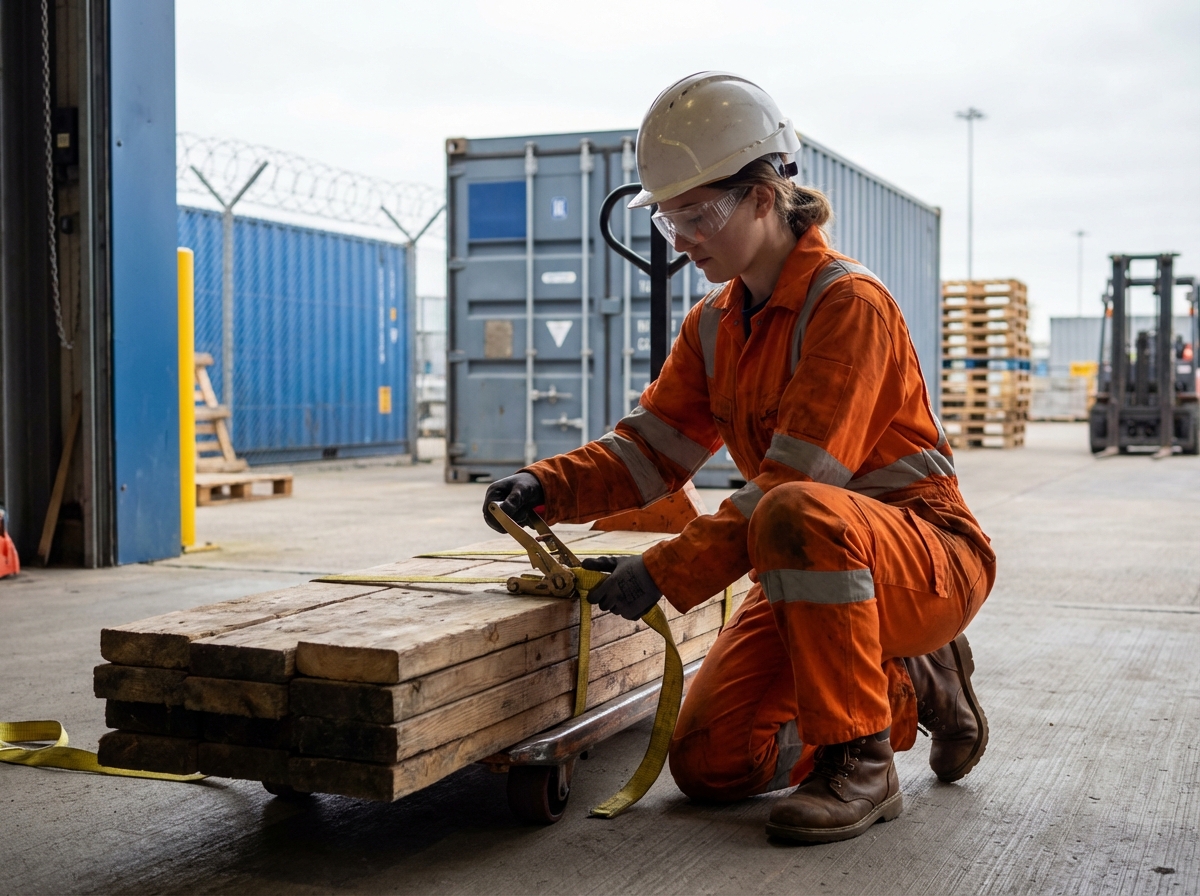 Jeune femme en tenue de sécurité chargeant des planches en extérieur