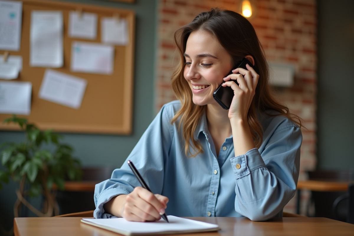 Jeune femme en coworking parlant au téléphone et prenant des notes