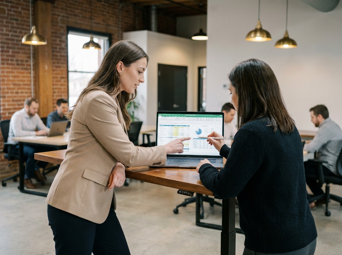Jeune femme dirigeante et experte-comptable analysant des données financières sur ordinateur dans un espace de coworking