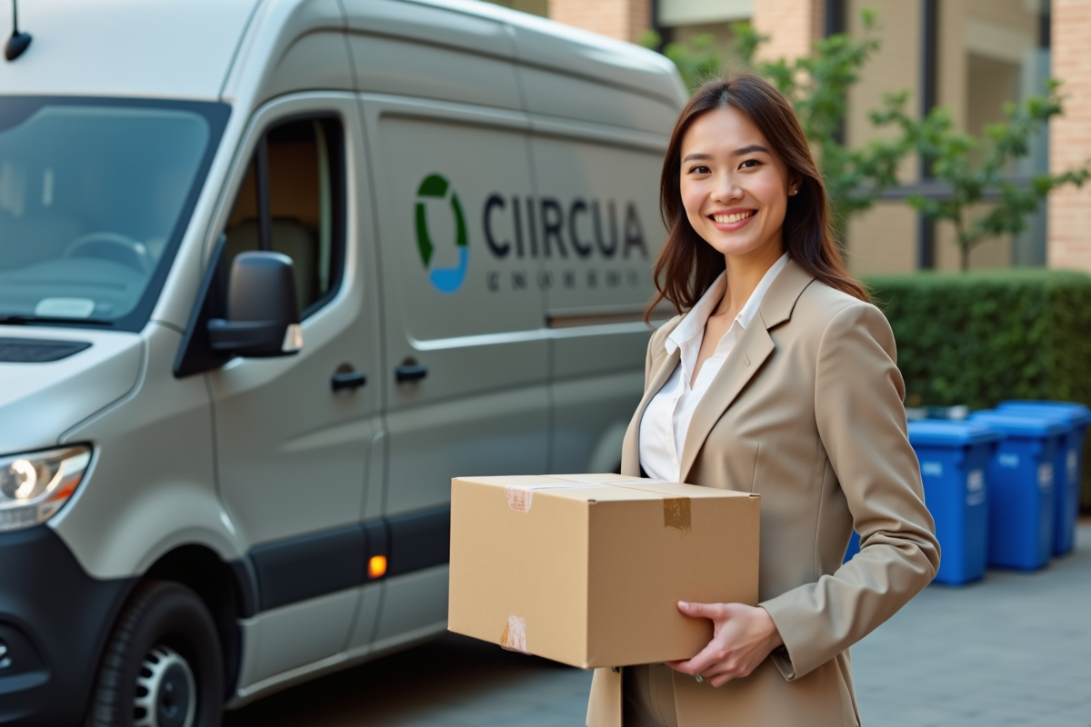 Jeune femme entrepreneure avec emballage reutilisable en ville