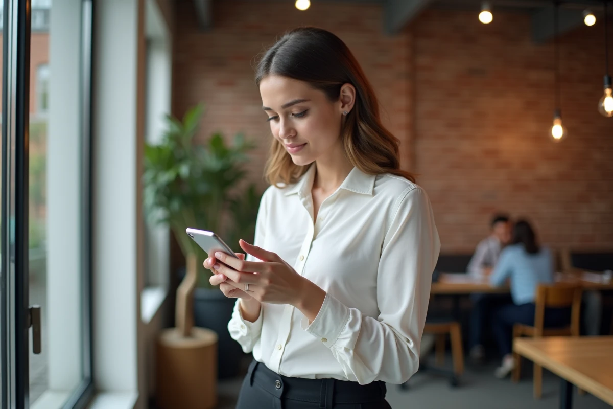 Jeune femme consultant la FAQ de My People Docs sur smartphone dans un espace de coworking moderne