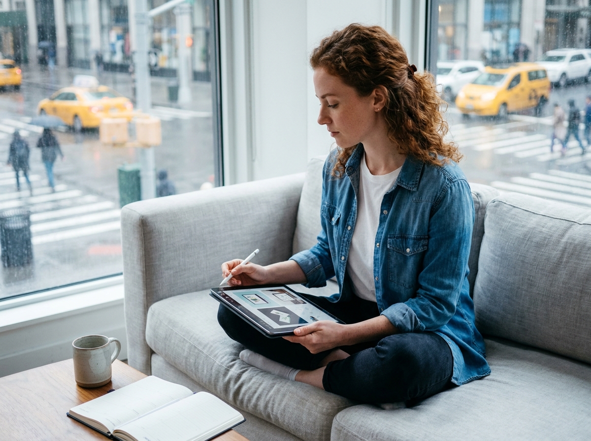 Jeune femme freelance révisant son portfolio de design graphique sur une tablette depuis son salon confortable