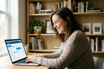 Jeune femme souriante dans un bureau moderne et cosy