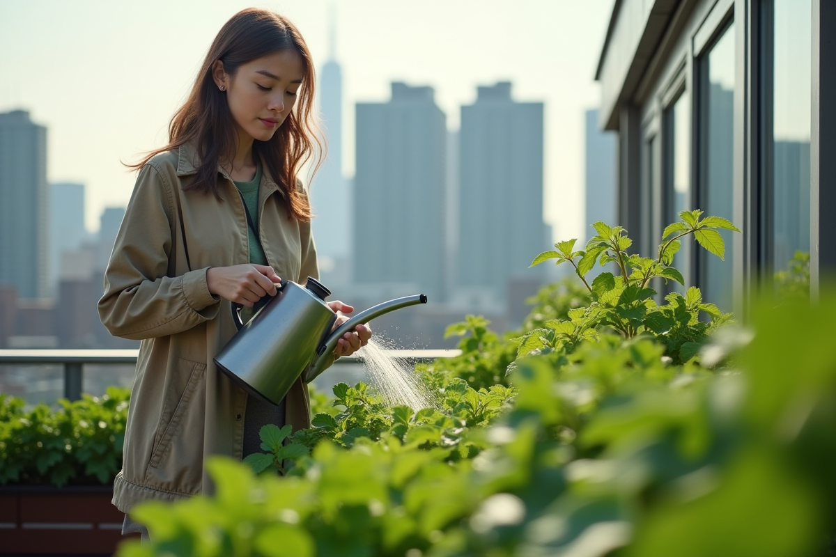 Jeune femme cultivant un jardin sur le toit en ville