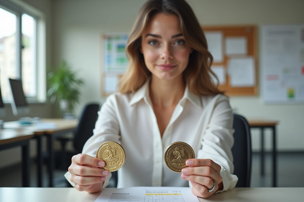 Jeune femme compare deux médailles du Travail au bureau