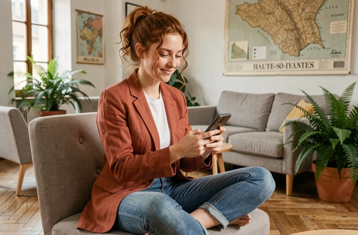 Jeune femme réservant un espace de coworking sur smartphone dans un salon convivial à Tarbes