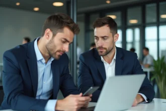 Jeune homme d'affaires au bureau utilisant ordinateur et smartphone