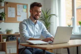 Jeune homme au bureau moderne travaillant sur son ordinateur