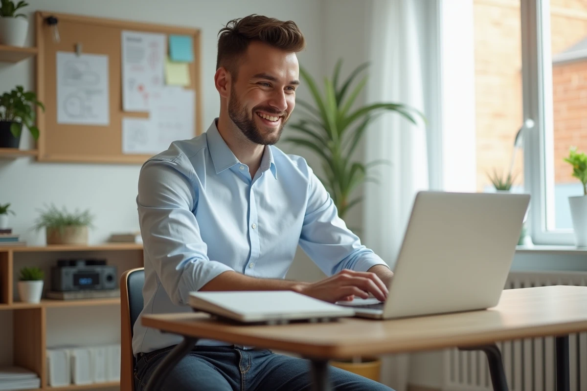 Jeune homme au bureau moderne travaillant sur son ordinateur