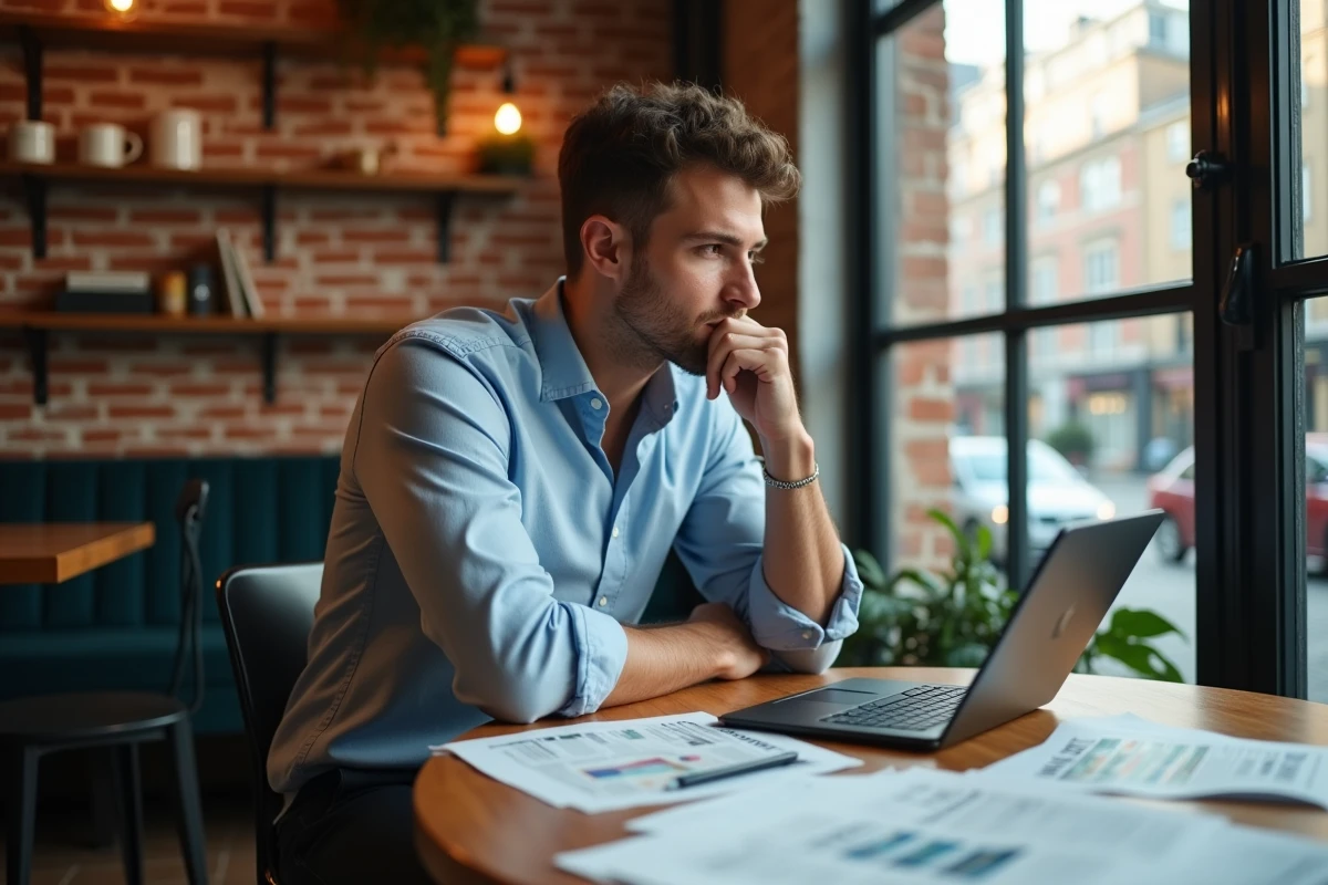 Jeune homme lisant des articles de presse dans un café
