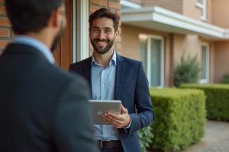 Jeune homme professionnel souriant devant une maison moderne