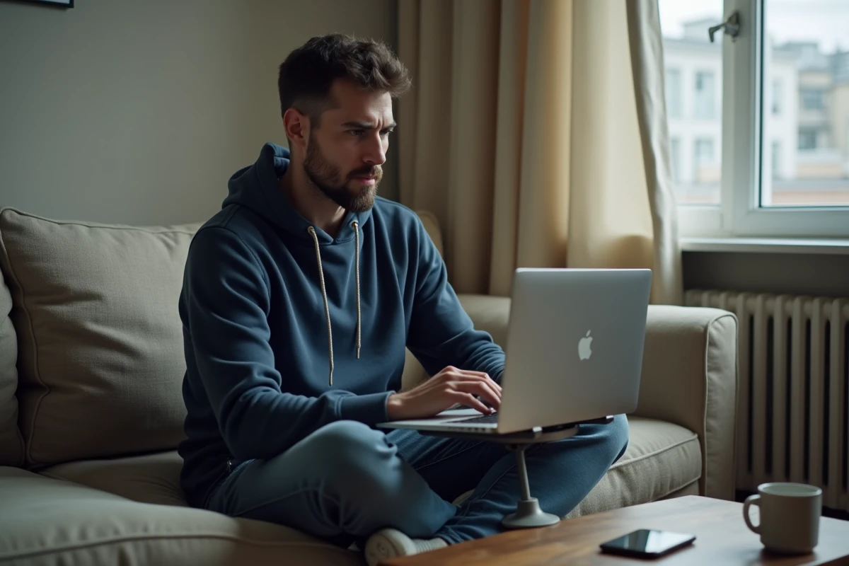 Jeune homme travaillant depuis son canapé en télétravail, utilisant un ordinateur portable dans un espace de vie transformé en bureau, parcours professionnel autodidacte