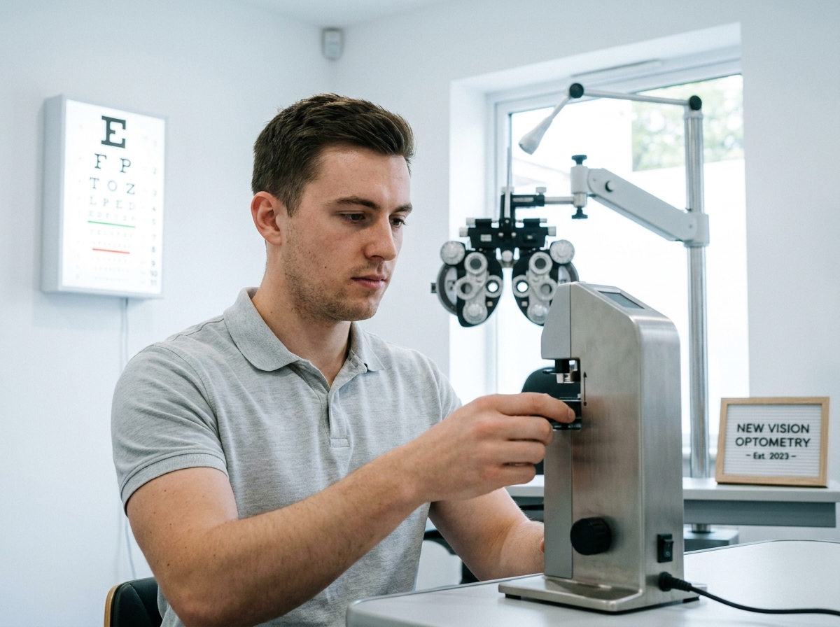 Jeune opticien indépendant utilisant un frontofocométre dans sa salle d'examen de vue nouvellement ouverte